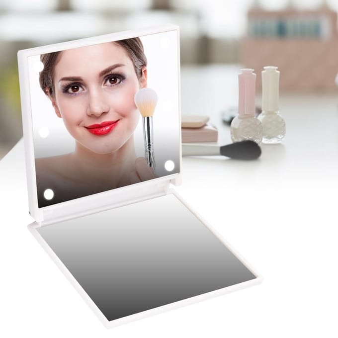Mini Miroir de Maquillage Cosmétique de Poche Pliant Portable à Piles 6 LED (blanc) blanc