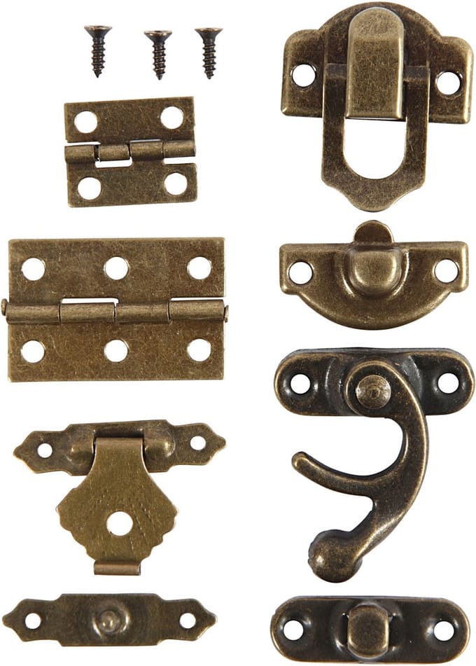 Mini beslag, afm 16x19-19x29,5 mm, antiek goud, 15 set/ 1 doos