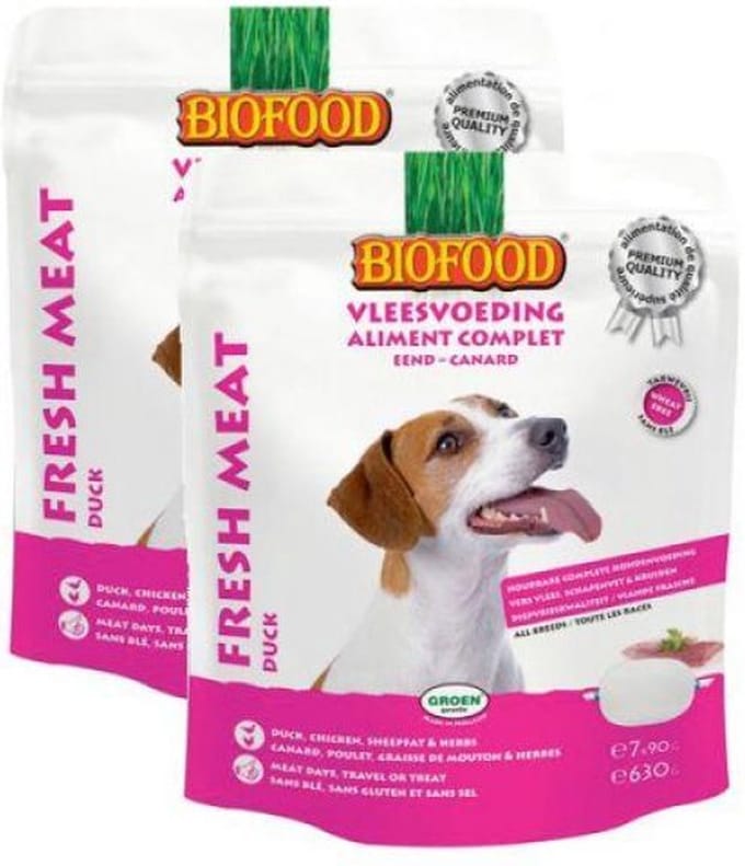 2x630gr Biofood vleesvoeding eend hondenvoer
