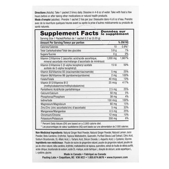 Ener-C, Mélange pour boisson à la vitamine C, sans sucre, citron gingembre, 1 000 mg, 30 sachets