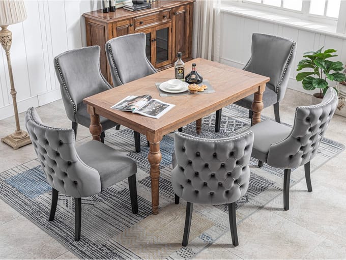 STILVORA Eetkamerstoelen - Set Van 6 - Comfortabele Gewatteerde Zitting - Fluweel - Grijs
