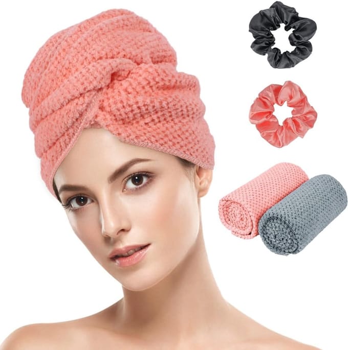 Famanu - Set van 2 microvezel haarhanddoeken, super absorberend en sneldrogend, met elastische band – Wit