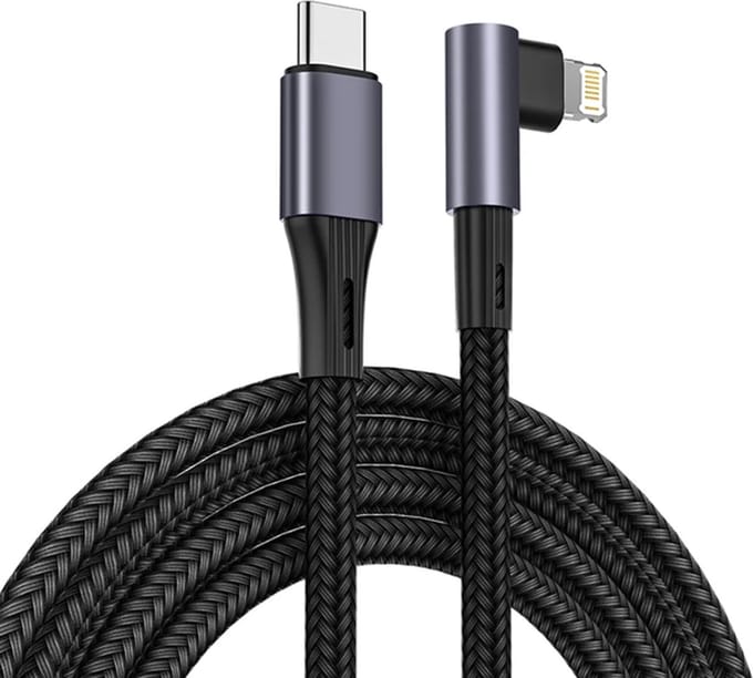 DrPhone UNL4 USB-C naar Lightning 9V/3A Snelle Oplaadkabel – PD 20W – Nylon gevlochten – 90 Graden - Data Sync - 2 Meter – Grijs