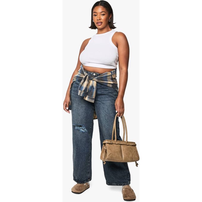 boohoo Dames Plus Basics Ripped Knee Boyfriend Jeans | Vintage Blue | Maat: 16