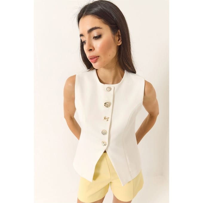 Getailleerd Mouwloos Vest met Knopen en Ronde Hals