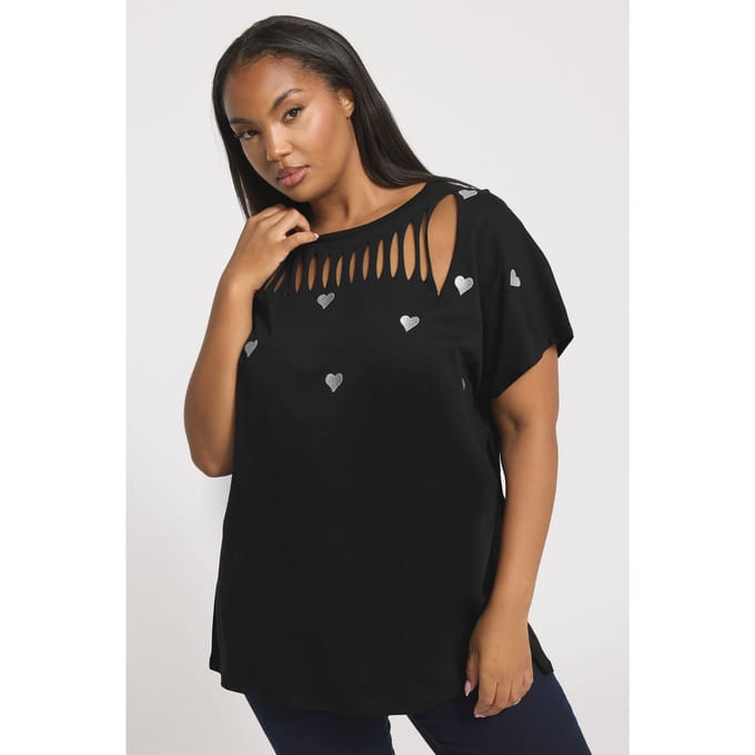 Yours Zwarte Top Met Geborduurd Hart En Slash Detail Size 48