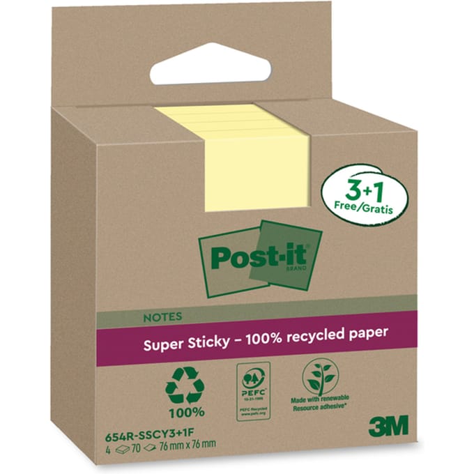 Post-it - Super Sticky Notes Recycled | 70 vel | ft 76 x 76 mm | geel | 3 + 1 GRATIS