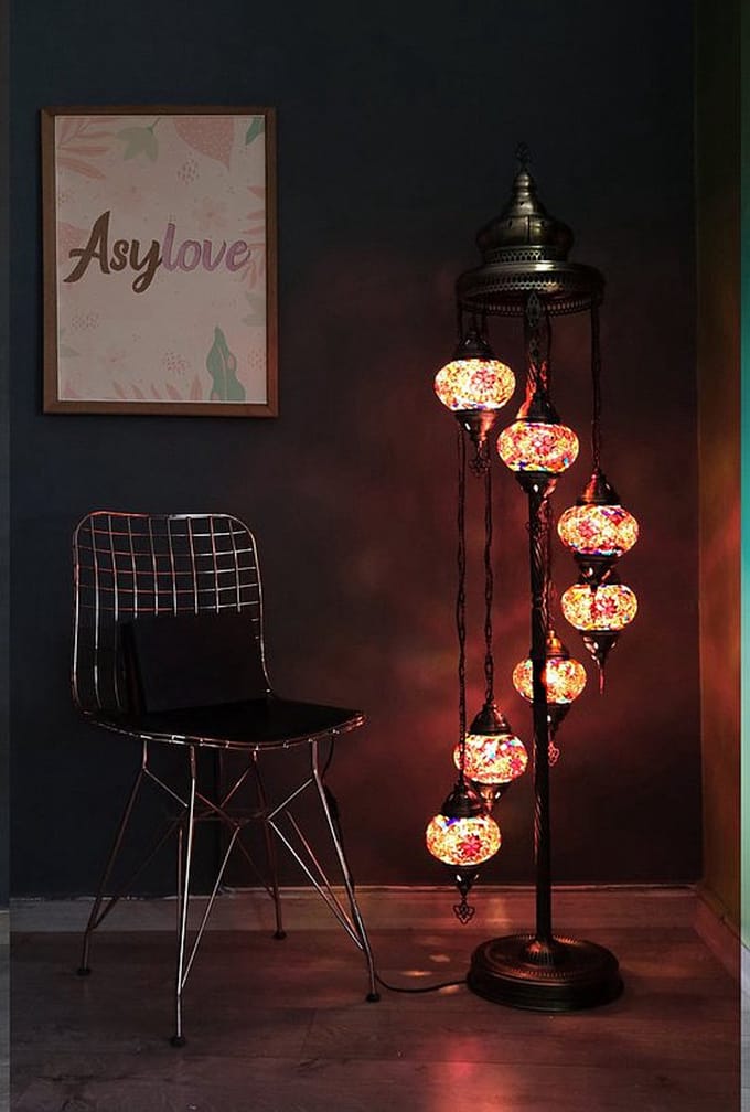Handmade Turkse lamp - vloerlamp met 7 bollen - multicolour - unieke mozaïek design