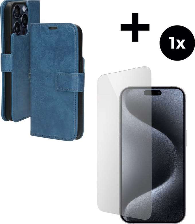Mobiparts Classic Wallet hoesje geschikt voor Apple iPhone 15 Pro Max met 1 Screenprotector van Gehard Glas - Blauw