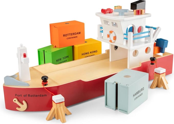 New Classic Toys® Grote Houten Speelgoed Containerboot - Inclusief 4 Containers