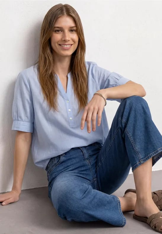 Chambray-blouse met split in de hals en elastische zoom