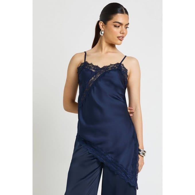 boohoo Dames Satijn Kant Contrast Longline Hemdje | Navy | Maat: 10