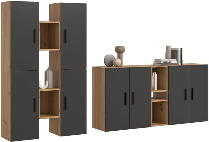 Woonwand in artisan eik en basalt - Modulaire kastcombinatie voor elk interieur - 270x182cm