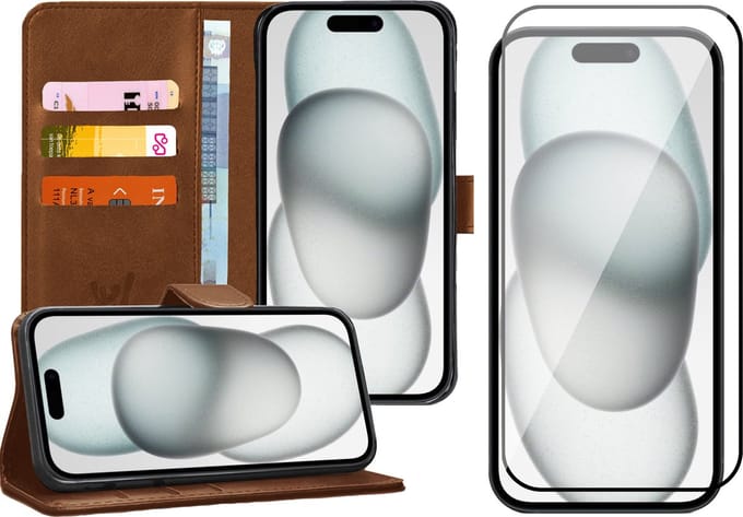 Hoesje geschikt voor iPhone 15 Plus - Screen Protector FullGuard - Book Case Kunstleer Pasjeshouder Bruin & Screenprotector