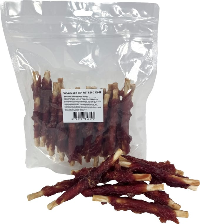Hondenkauwsnack I AM - Twisted Stick Collageen Bar Eend 400g - 71% Eend, 22% Collageen