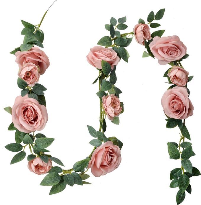 Clayre & Eef Kunstbloem Guirlande 150 cm Roze Groen Kunststof Rozen