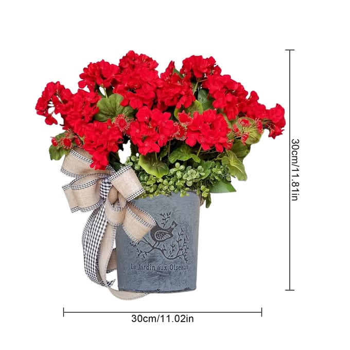Rode Geranium Vat Krans Voordeur Rode Geranium Mand Krans Zwart-wit Ruit Strik red