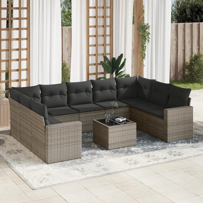 vidaXL - 10-delige - Loungeset - met - kussens - poly - rattan - grijs