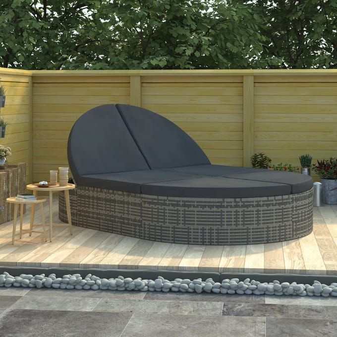 vidaXL - Ligbed - met - kussens - 2-persoons - poly - rattan - grijs
