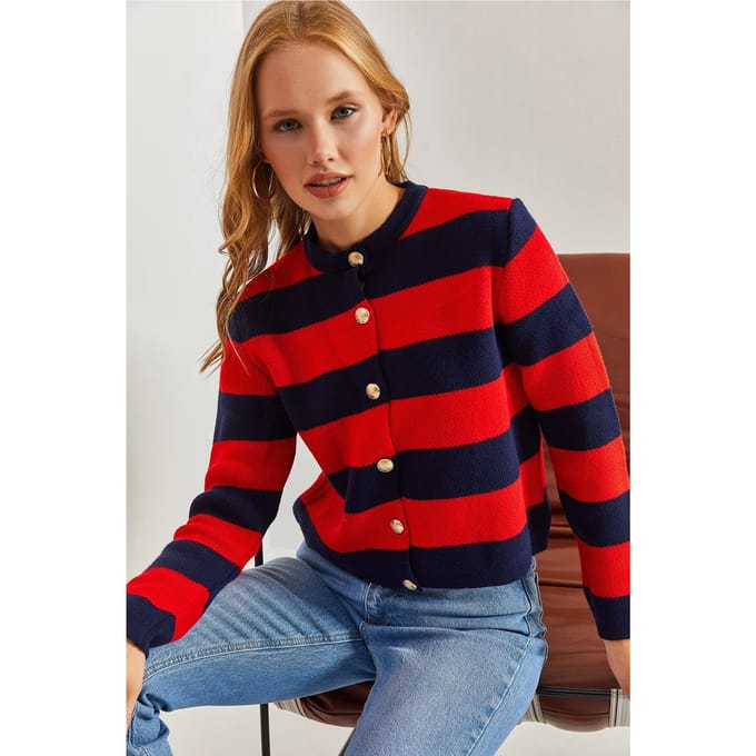 Gestreepte Gebreide Cardigan met Knopen Sluiting