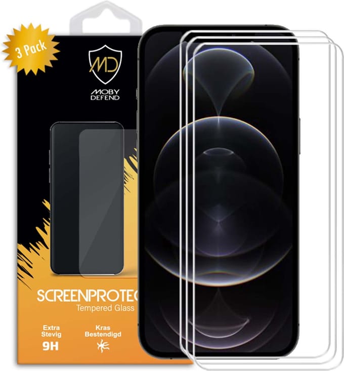 3-Pack MobyDefend Screenprotectors - Geschikt voor iPhone 12 Pro Max - Case-Friendly Screensavers - Gehard Glas