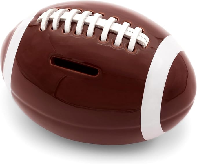 Voetbal Spaarpot - Keramiek Spaarpot - Geld Besparen - Echt Leer Detail - 14 x 9.5 x 10 cm