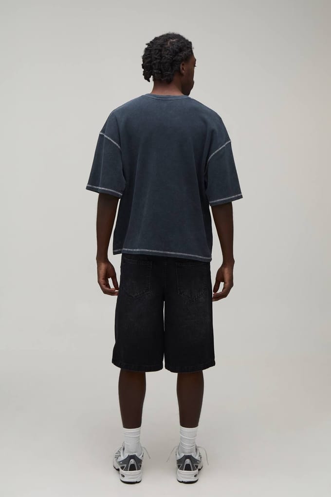 Oversized Boxy Acid Wash Waffle Henley T-Shirt | Charcoal | Size Medium