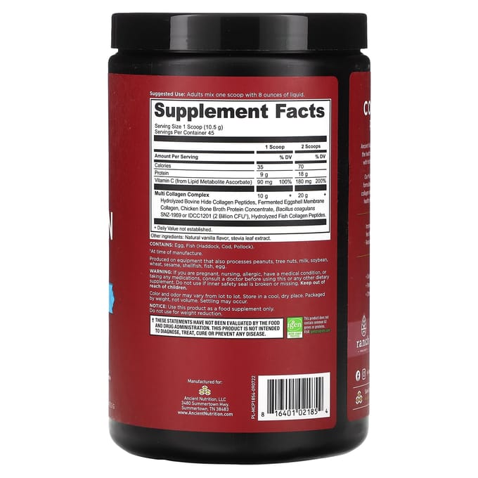 Ancient Nutrition, Multi Collagen Protein, Vanille, 1,04 lb (472,5 g)