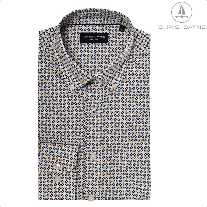 Chris Cayne overhemd lange mouw - L - navy/geel - print - borstzak