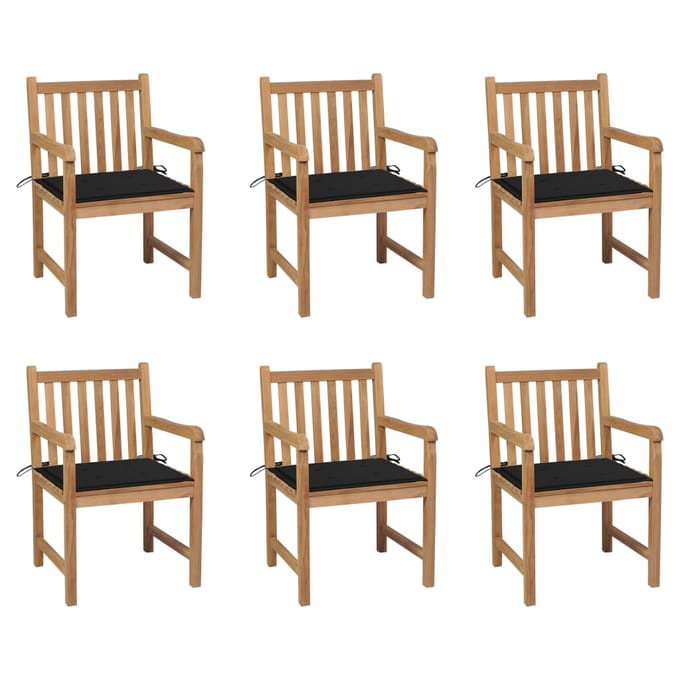 vidaXL - Tuinstoelen - 6 - st - met - zwarte - kussens - massief - teakhout