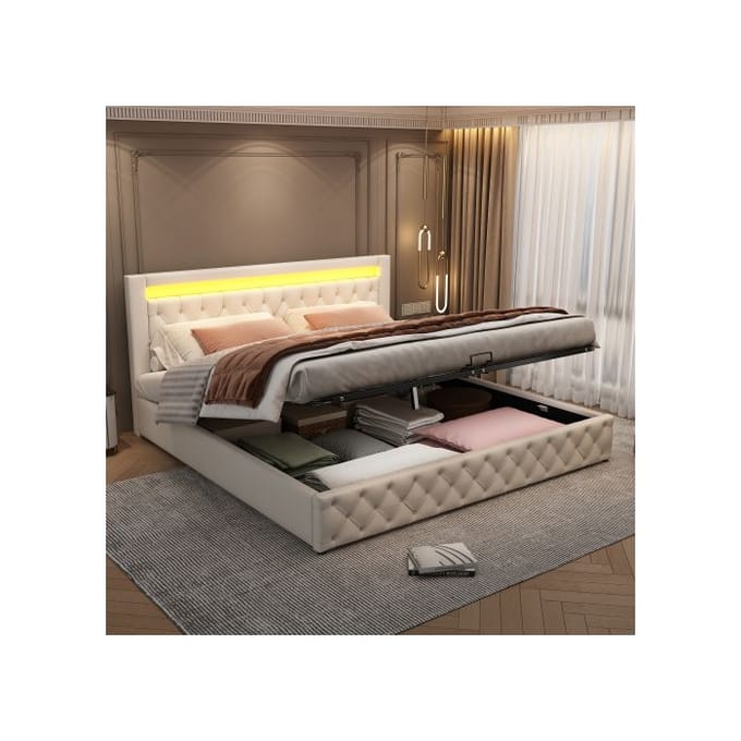 Verlicht - MUVOE - 180 x 200 cm - Gestoffeerd - Opbergruimte - LED-verlichting wit
