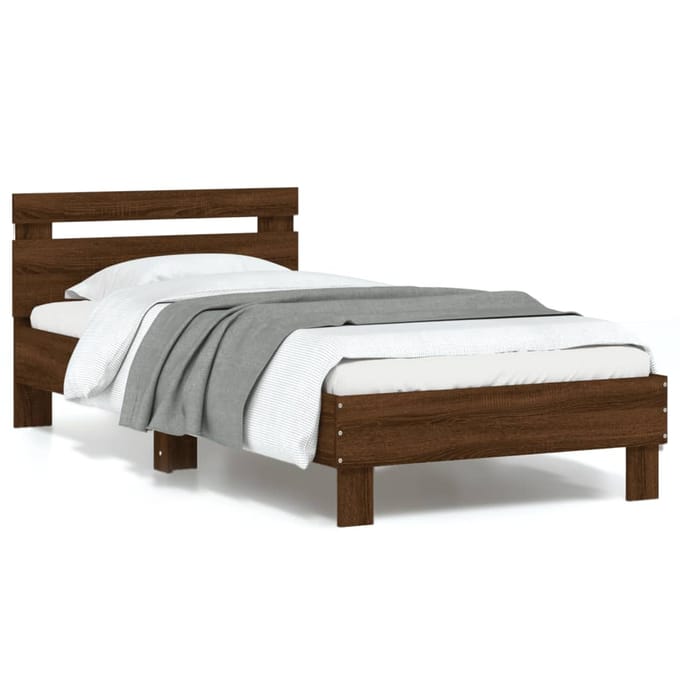 vidaXL - Bedframe - met - hoofdbord - en - LED - bruin - eikenkleur - 90x200 - cm
