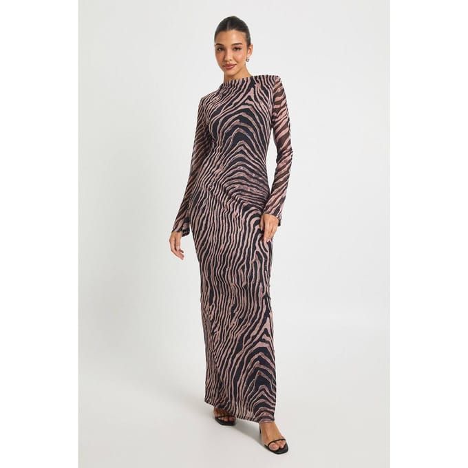boohoo Dames Zebra bedrukte mesh schouderpad maxi jurk | Black | Maat: 8