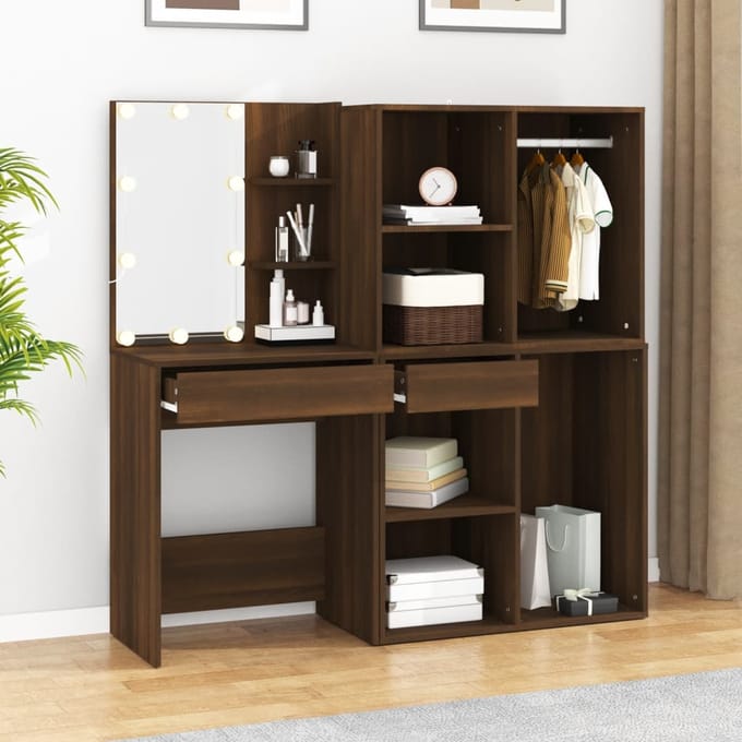 vidaXL - Kaptafel - met - kastjes - LED - bewerkt - hout - bruin - eikenkleur