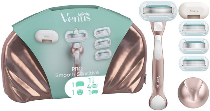 Giftpack Gillette Venus Pro Smooth Sensitive - Limited Edition - Etui - Handvat - Douchehouder - 4 Scheermesjes - Scheermesje etui
