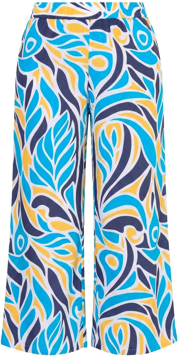 Ulla Popken - Dames - Broek Rose bedrukt wijde pijpen elastische tailleband - Aqua turquoise - Maat 46+