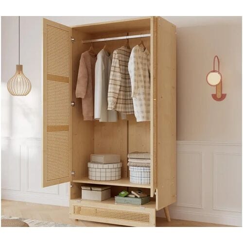 ModernLuxe Kledingkast met roede - 2 rotan gaasdeuren en 1 klepvak - Naturel