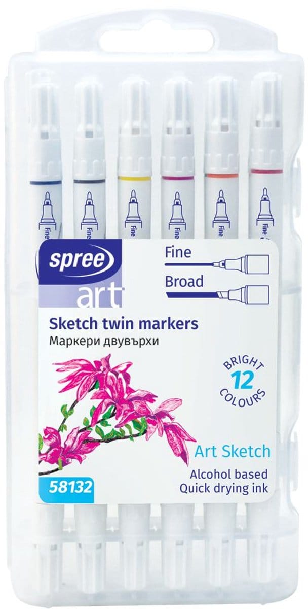 Harlekijn stiften set - 12 dubbel getopte alcohol markers kleuren.