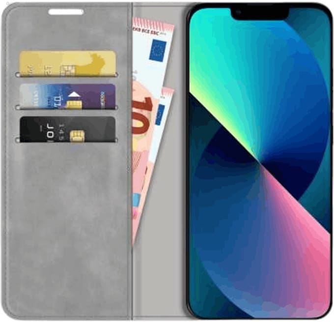Just in Case hoesje geschikt voor iPhone 14 Plus - Hoesje met Pasjeshouder - Luxe Book Case - Grijs