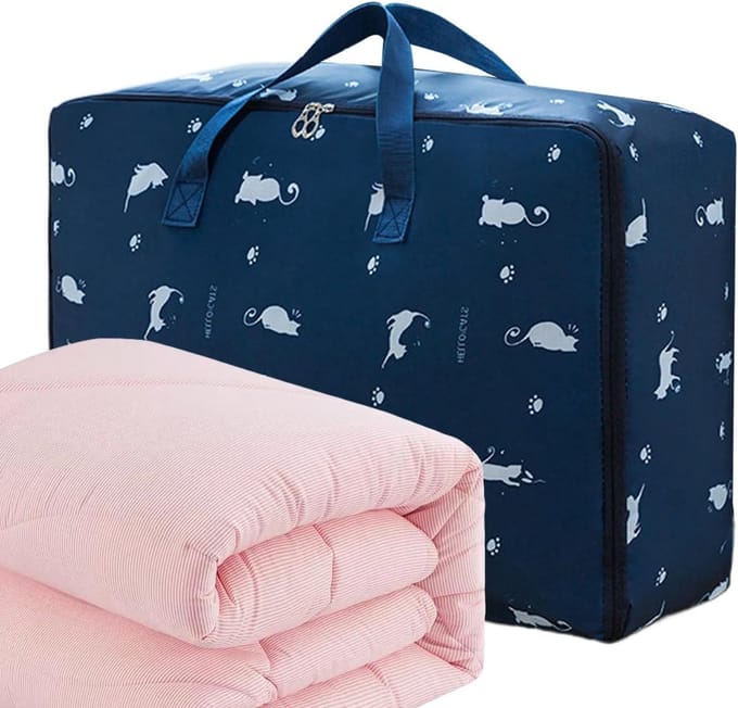 Dekbed Opbergzak - Deken Organizer - Ruimte Besparen - Versterkte Constructie - 55x33x20 cm - Marineblauwe kat