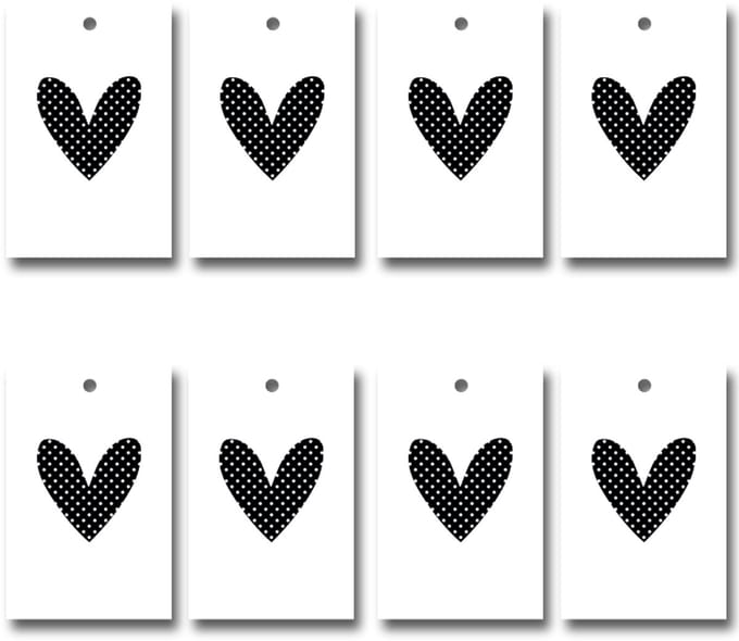8x Label / Kaartje van karton / Cadeaulabels / Labels | HARTJE | 85 x 55 mm | wit-zwart