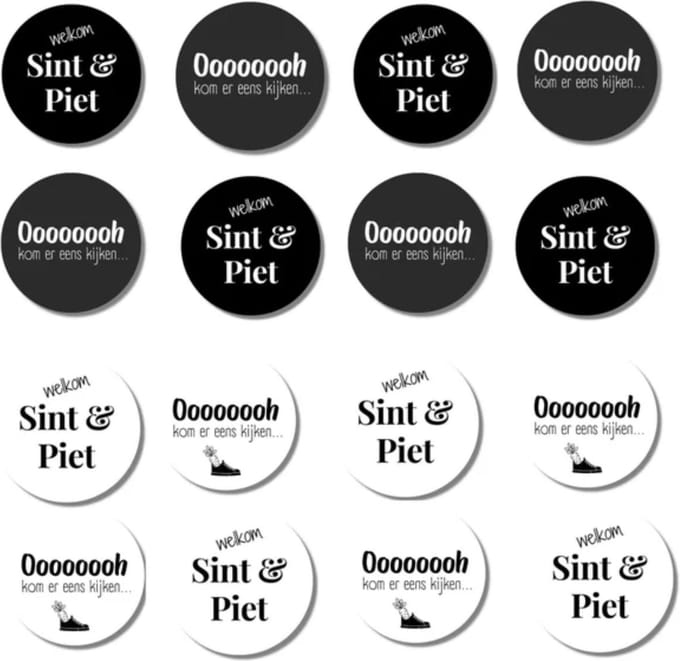 Sinterklaas Cadeaustickers Stickervel - 16 stuks - Inpakken - Zwart Wit