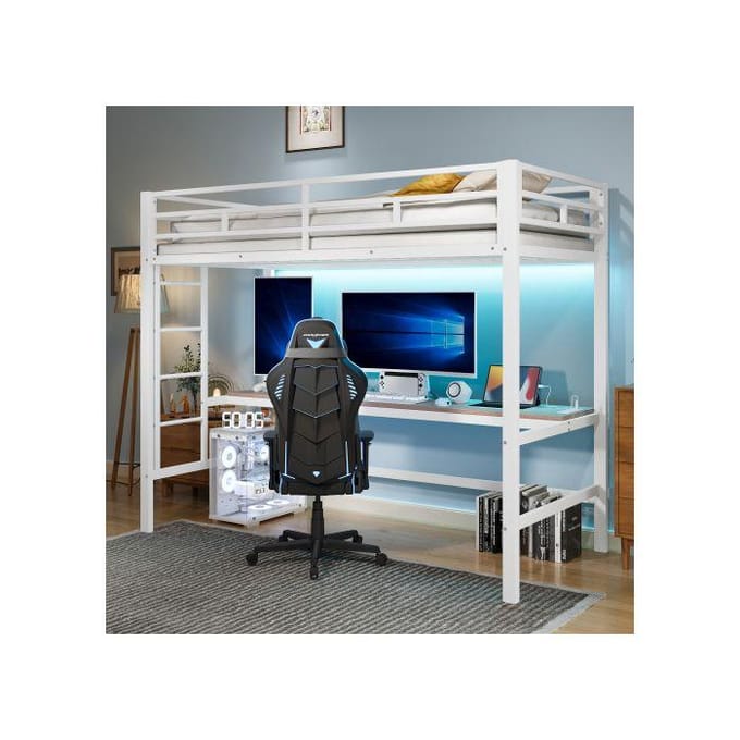 Verhoogd bed - MUVOE - volgens EN747 - 90x200 cm - wit metaal - meerkleurige LED, USB/Type-C aansluitingen wit
