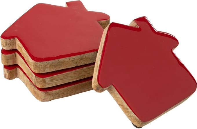 J-Line onderzetter Huis - hout - rood/naturel - set van 4