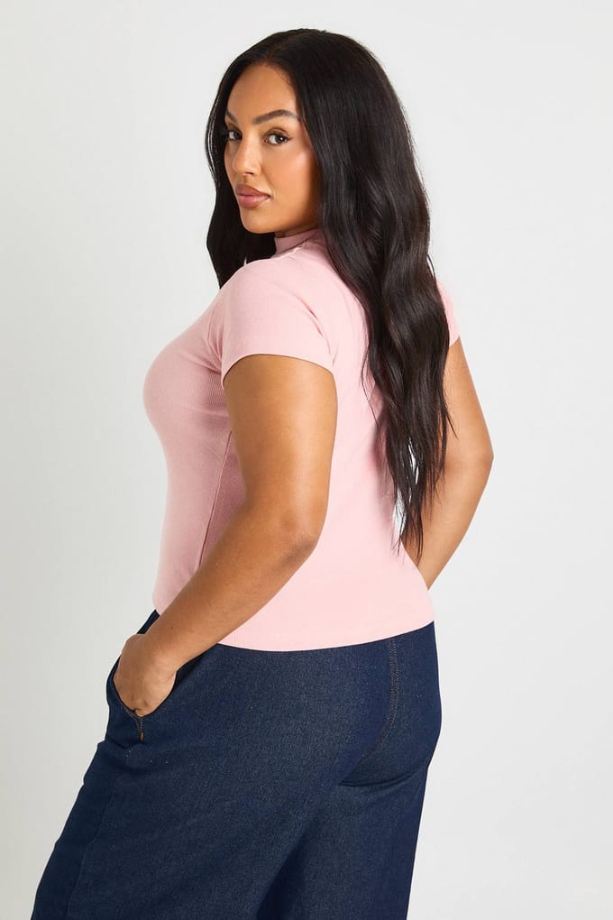boohoo Dames Plus Rib getailleerde top met korte mouwen | Roze | Maat: 44