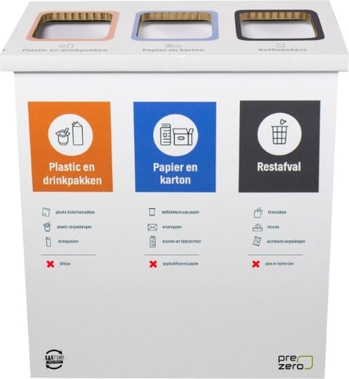 Kartonnen eco bin drie vakken - GFT - Plastic/drinkpakken - Rest - 60 L prullenbak | Andere bedrukking mogelijk - Kartent