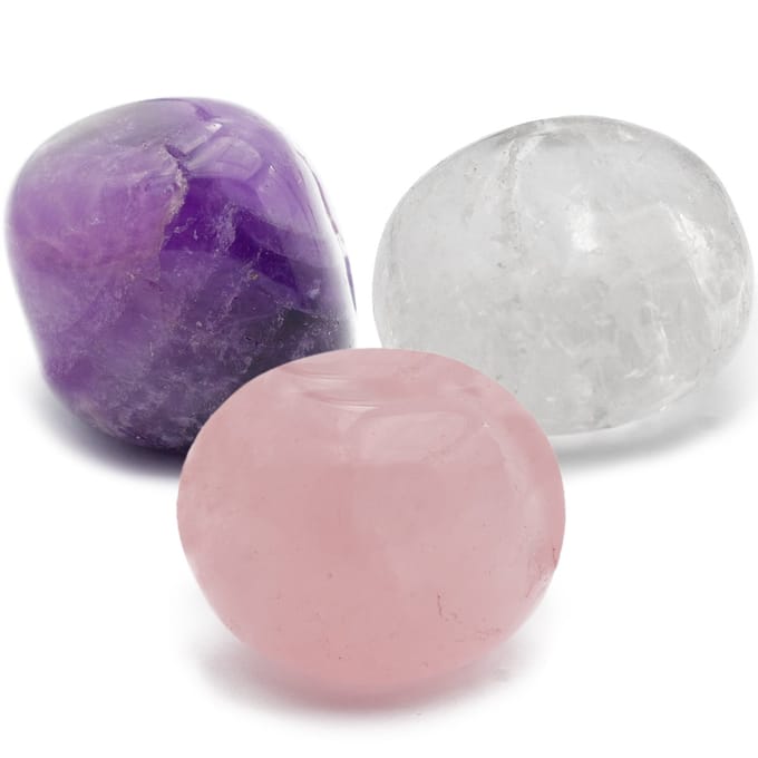 Bixorp Gems Gouden Driehoek Edelsteen Set - Setje van 3 Trommelstenen - Amethist + Rozenkwarts + Bergkristal