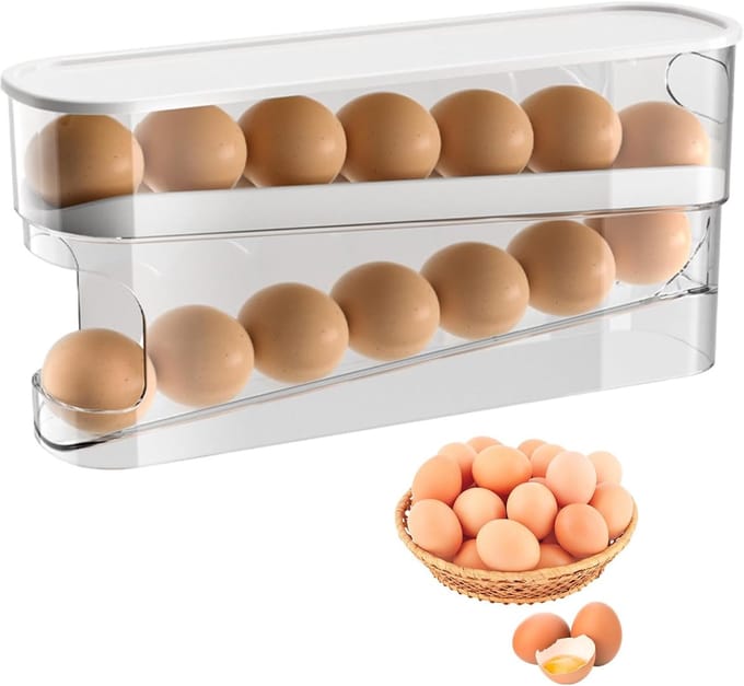 Famanu – Eierhouder, koelkast, koelkastorganizer, 2 lagen, stapelbare eierhouder, eierdispenser, koelkast, eierbox, houdt 12 grote eieren