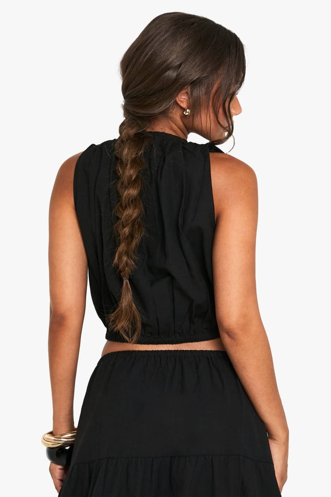boohoo Dames Linnen Puffball Mouwloze Top | Black | Maat: 10