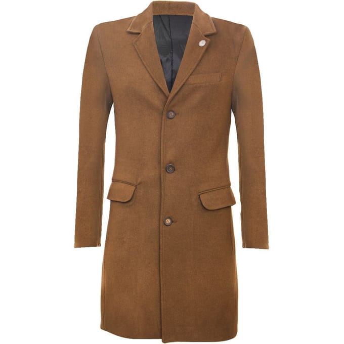 Lange bruine wollen slim-fit overjas voor heren